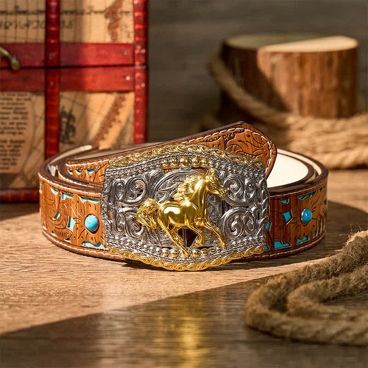 Ceinture en cuir bicolore style western avec boucle à faire soi-même, motif cavalier de bronco et cheval sauvage - Cheval sauvage - Ceinture turquoise sculptée - 42 - image 3
