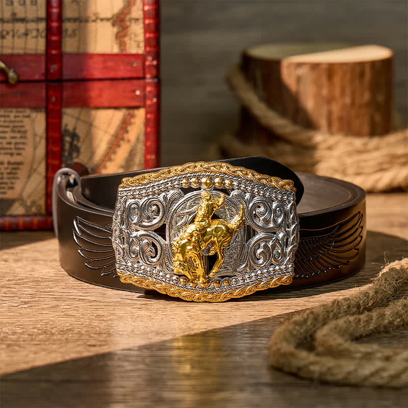 Ceinture en cuir bicolore style western avec boucle à faire soi-même, motif cavalier de bronco et cheval sauvage - Bronco Rider - Ceinture noire à motif aigle en relief - 42 - image 11