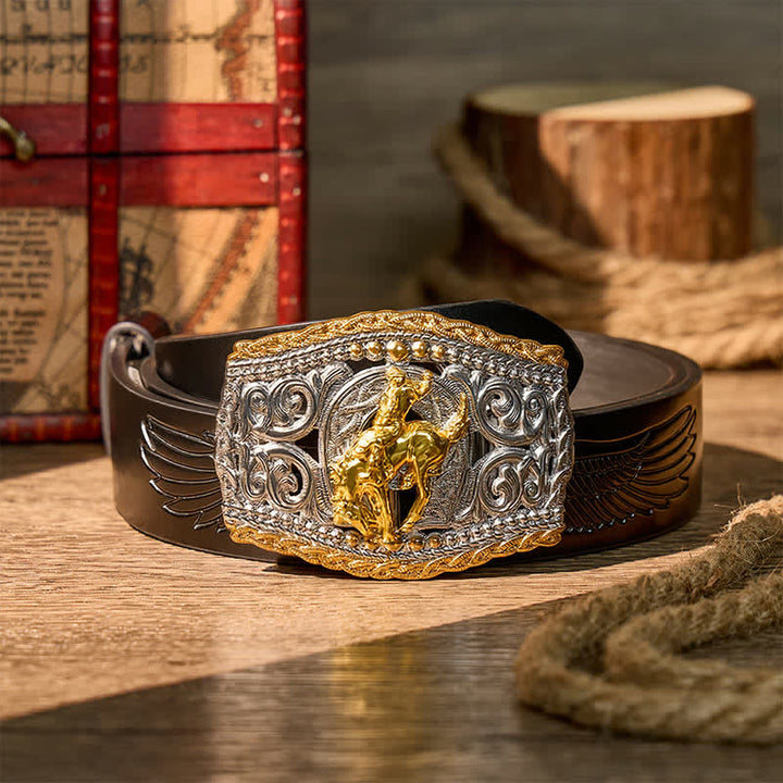 Ceinture en cuir bicolore style western avec boucle à faire soi-même, motif cavalier de bronco et cheval sauvage - Bronco Rider - Ceinture noire à motif aigle en relief - 42 - image 11