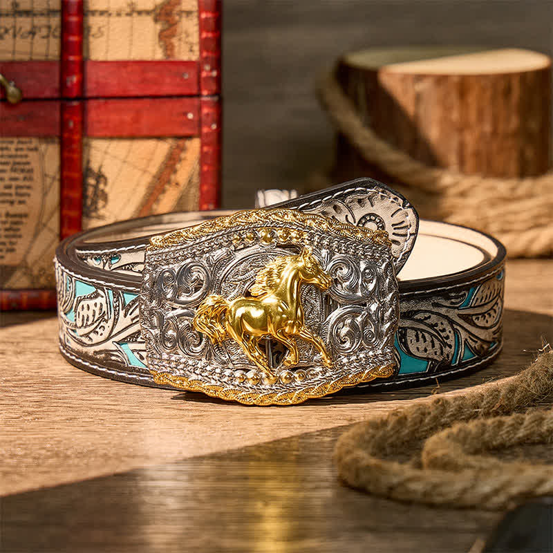 Ceinture en cuir bicolore style western avec boucle à faire soi-même, motif cavalier de bronco et cheval sauvage - Cheval sauvage - Ceinture à fleurs grises - 42 - image 8
