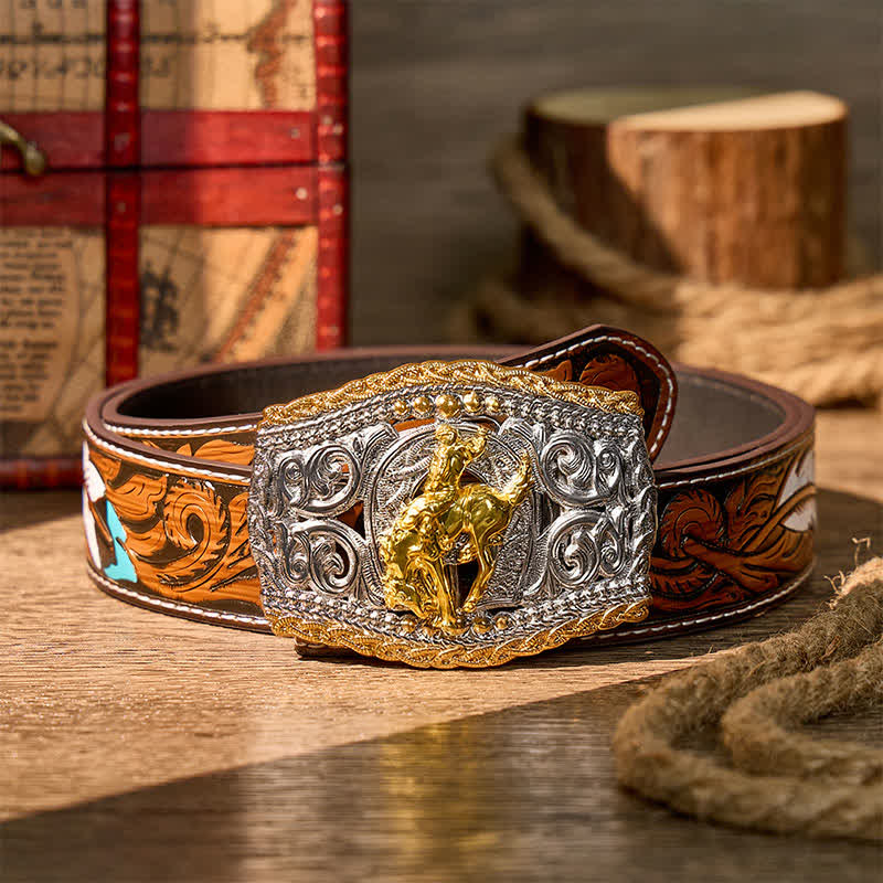 Ceinture en cuir bicolore style western avec boucle à faire soi-même, motif cavalier de bronco et cheval sauvage - Bronco Rider - Ceinture de plumes brunes - 40 - image 16