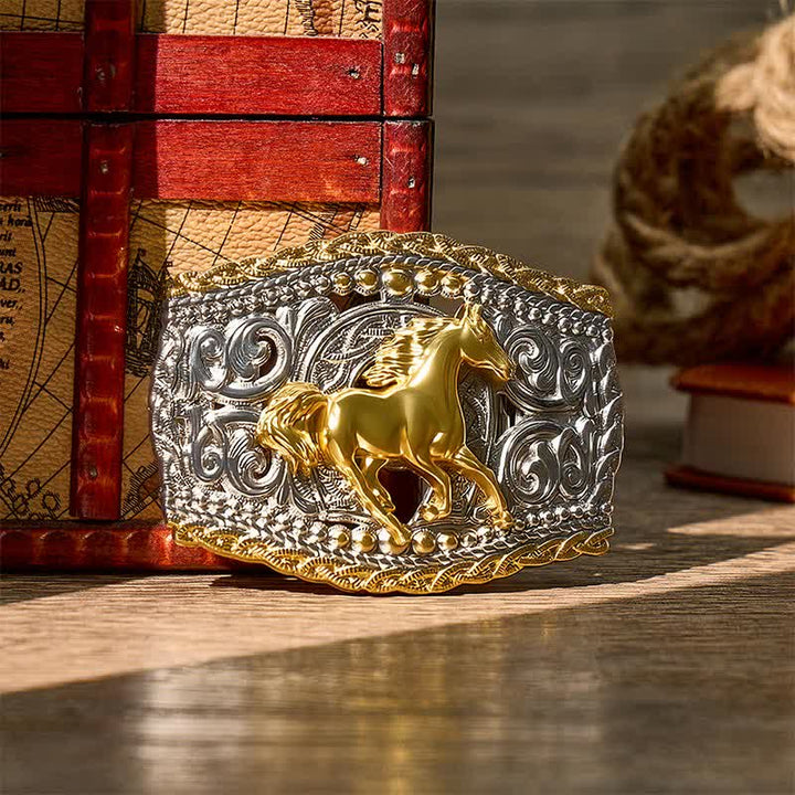 Ceinture en cuir bicolore style western avec boucle à faire soi-même, motif cavalier de bronco et cheval sauvage - Cheval sauvage - Sans ceinture - Ceinture non incluse - image 0