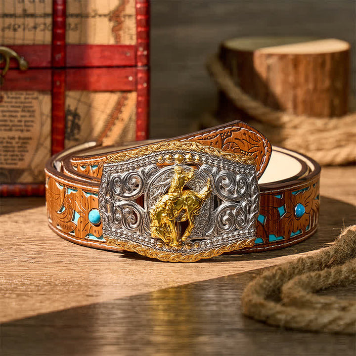 Ceinture en cuir bicolore style western avec boucle à faire soi-même, motif cavalier de bronco et cheval sauvage - Bronco Rider - Ceinture turquoise sculptée - 42 - image 12