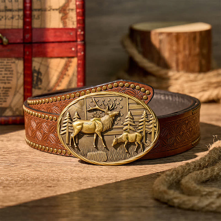 Ceinture en cuir à boucle DIY avec motif patriotique d'élan et drapeau américain - Bronze - Ceinture à rivets marron - 42 - image 4