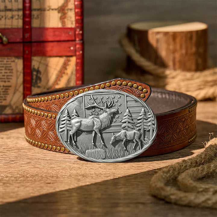 Ceinture en cuir à boucle DIY avec motif patriotique d'élan et drapeau américain - Argent - Ceinture à rivets marron - 42 - image 12
