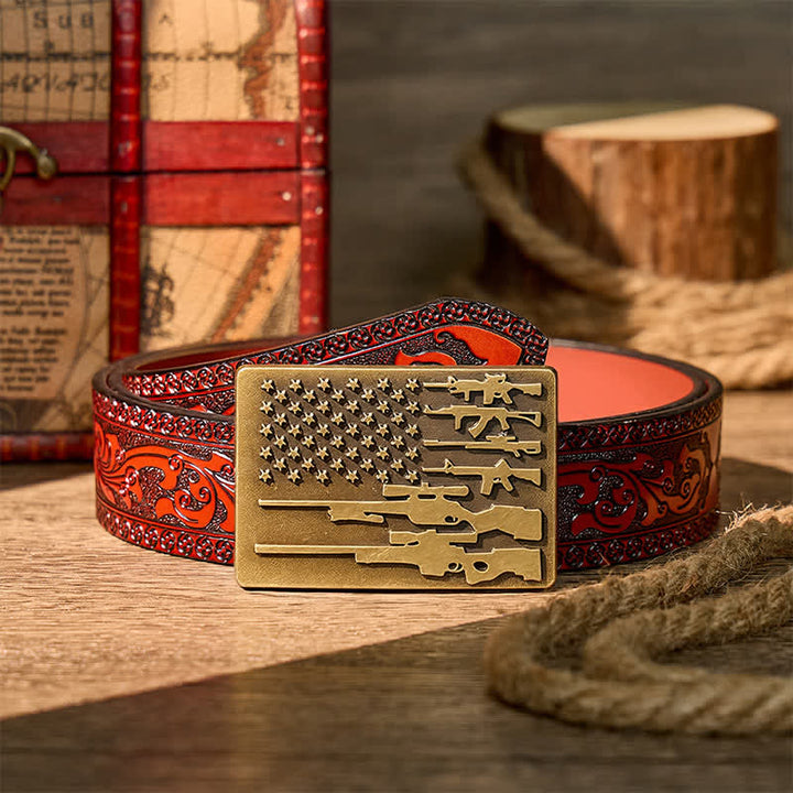 Ceinture en cuir avec boucle de tir cowboy, drapeau et fusil patriotique à faire soi-même - Bronze - Ceinture sculptée marron - 42 - image 6