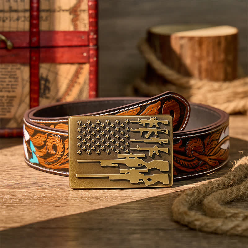 Ceinture en cuir avec boucle de tir cowboy, drapeau et fusil patriotique à faire soi-même - Bronze - Ceinture de plumes brunes - 40 - image 7