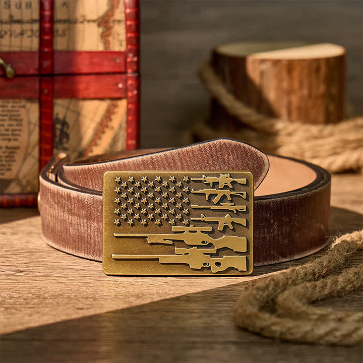 Ceinture en cuir avec boucle de tir cowboy, drapeau et fusil patriotique à faire soi-même - Bronze - Ceinture marron vieillie - 42 - image 5