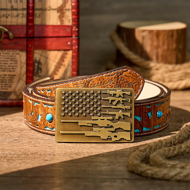 Ceinture en cuir avec boucle de tir cowboy, drapeau et fusil patriotique à faire soi-même - Bronze - Ceinture turquoise sculptée - 42 - image 3