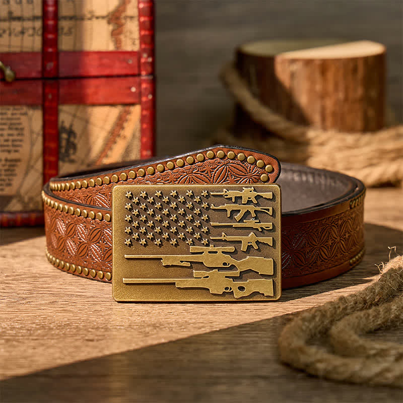 Ceinture en cuir avec boucle de tir cowboy, drapeau et fusil patriotique à faire soi-même - Bronze - Ceinture à rivets marron - 42 - image 4