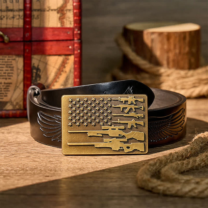 Ceinture en cuir avec boucle de tir cowboy, drapeau et fusil patriotique à faire soi-même - Bronze - Ceinture noire à motif aigle en relief - 42 - image 2