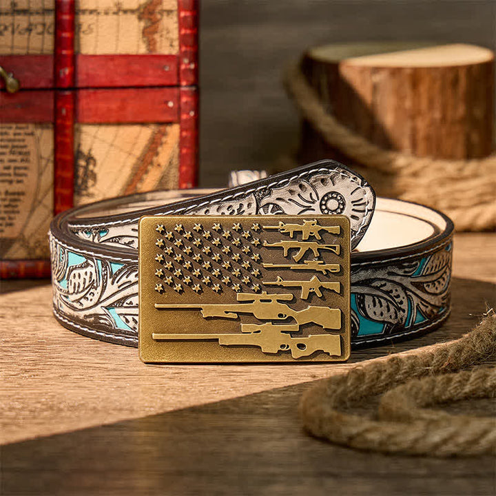 Ceinture en cuir avec boucle de tir cowboy, drapeau et fusil patriotique à faire soi-même - Bronze - Ceinture à fleurs grises - 42 - image 8