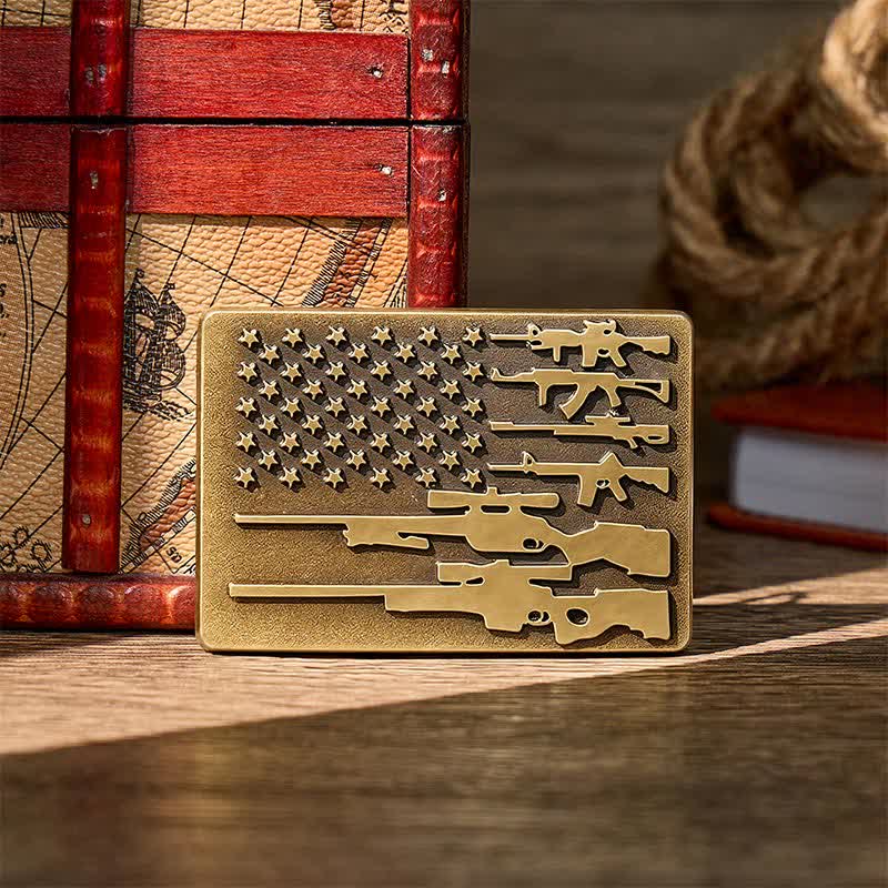 Ceinture en cuir avec boucle de tir cowboy, drapeau et fusil patriotique à faire soi-même - Bronze - Sans ceinture - Ceinture non incluse - image 0