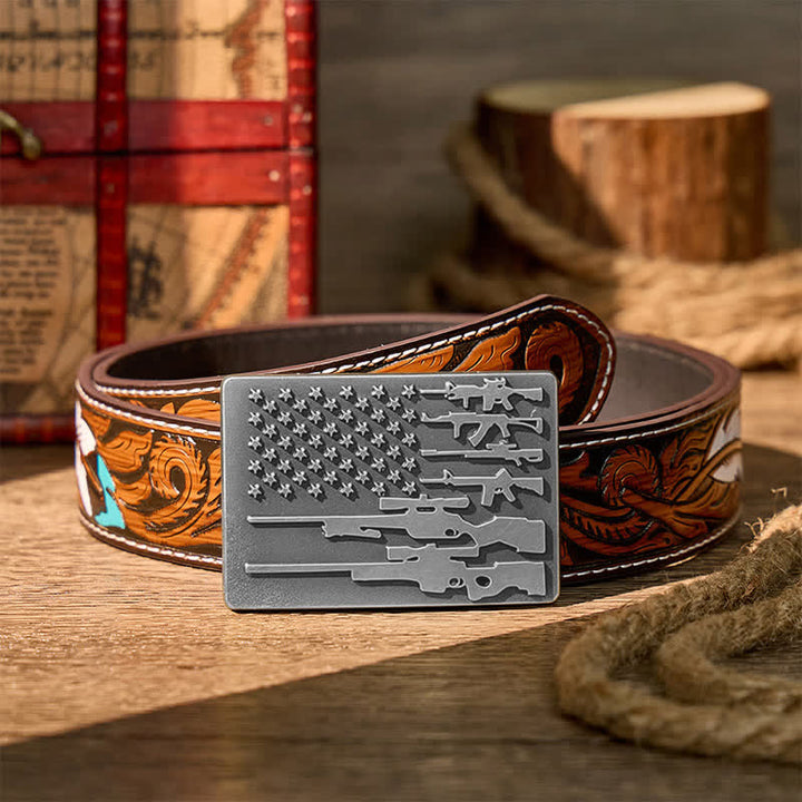 Ceinture en cuir avec boucle de tir cowboy, drapeau et fusil patriotique à faire soi-même - Argent - Ceinture de plumes brunes - 40 - image 15