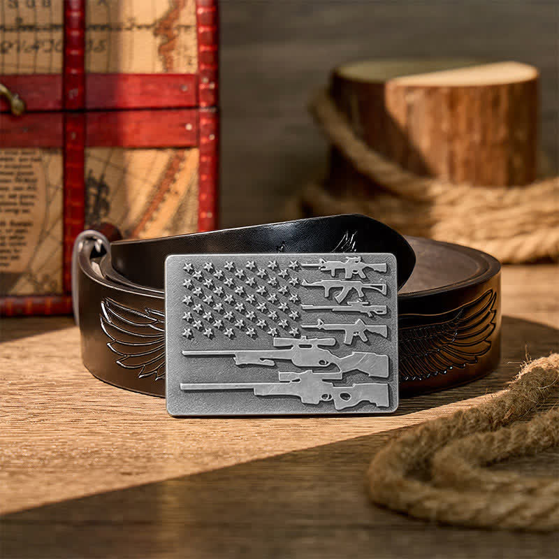 Ceinture en cuir avec boucle de tir cowboy, drapeau et fusil patriotique à faire soi-même - Argent - Ceinture noire à motif aigle en relief - 42 - image 10