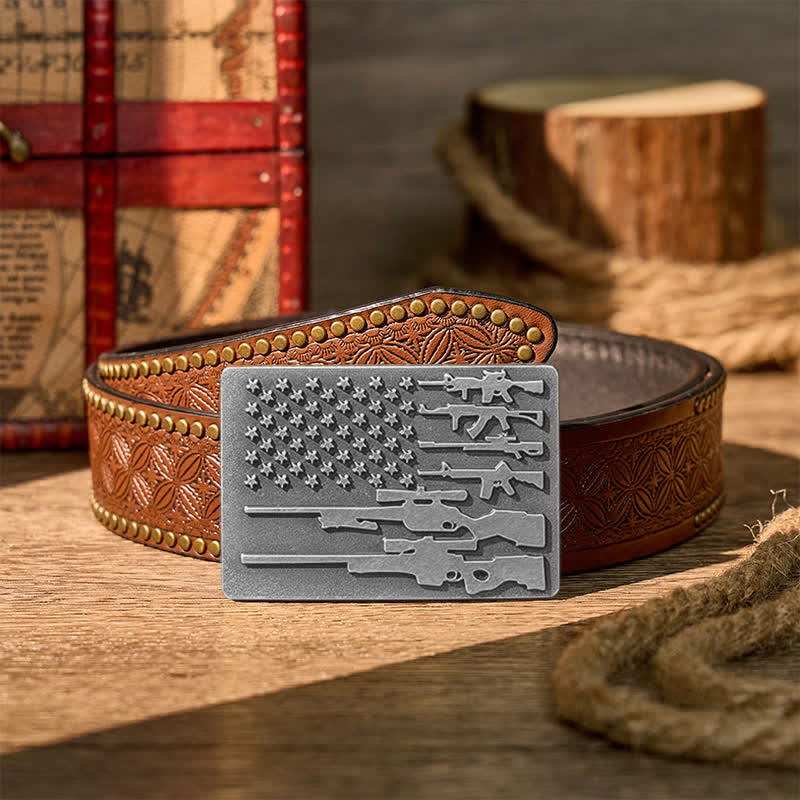 Ceinture en cuir avec boucle de tir cowboy, drapeau et fusil patriotique à faire soi-même - Argent - Ceinture à rivets marron - 42 - image 12