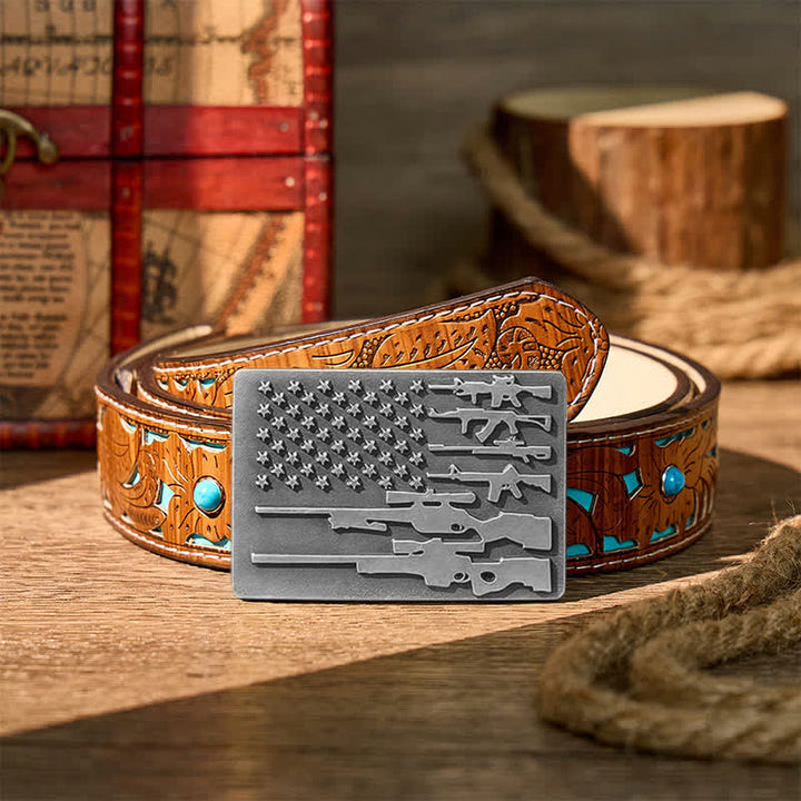Ceinture en cuir avec boucle de tir cowboy, drapeau et fusil patriotique à faire soi-même - Argent - Ceinture turquoise sculptée - 42 - image 11