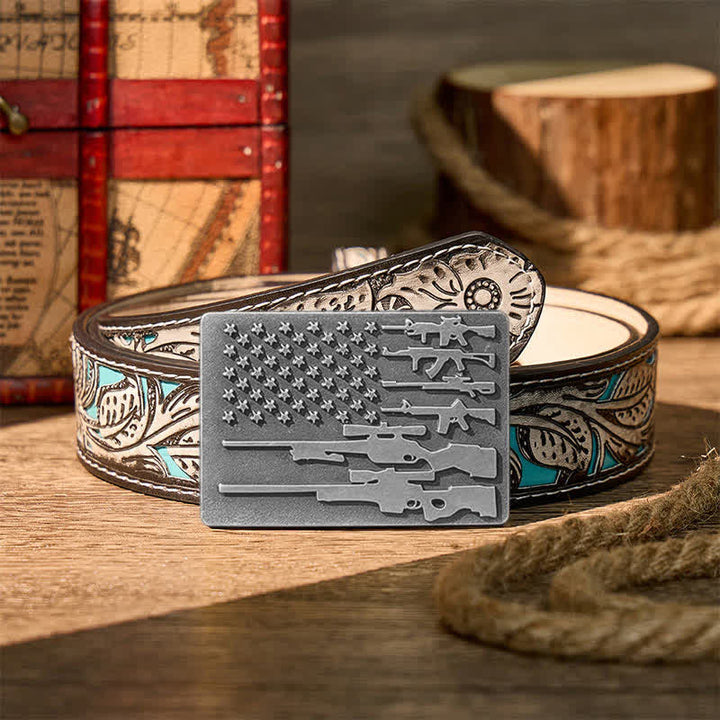 Ceinture en cuir avec boucle de tir cowboy, drapeau et fusil patriotique à faire soi-même - Argent - Ceinture à fleurs grises - 42 - image 16
