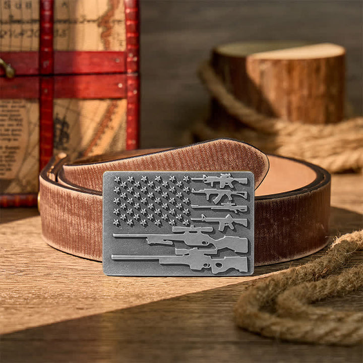 Ceinture en cuir avec boucle de tir cowboy, drapeau et fusil patriotique à faire soi-même - Argent - Ceinture marron vieillie - 42 - image 13