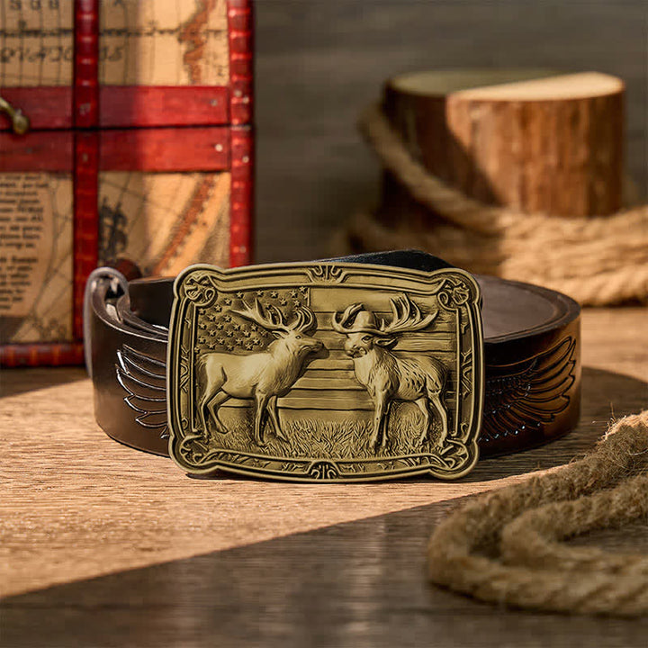 Ceinture en cuir à boucle western personnalisée avec motif patriotique et animal sauvage : deux élans en duel. - Bronze - Ceinture noire à motif aigle en relief - 42 - image 10