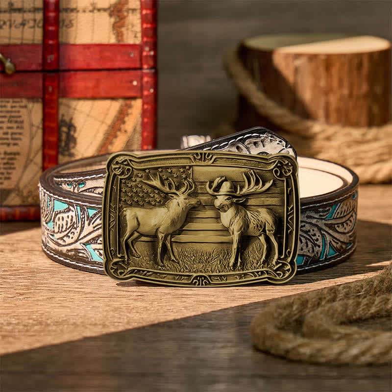 Ceinture en cuir à boucle western personnalisée avec motif patriotique et animal sauvage : deux élans en duel. - Bronze - Ceinture à fleurs grises - 42 - image 16