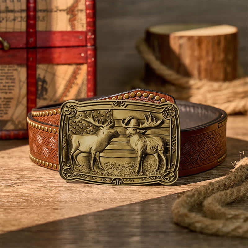 Ceinture en cuir à boucle western personnalisée avec motif patriotique et animal sauvage : deux élans en duel. - Bronze - Ceinture à rivets marron - 42 - image 12
