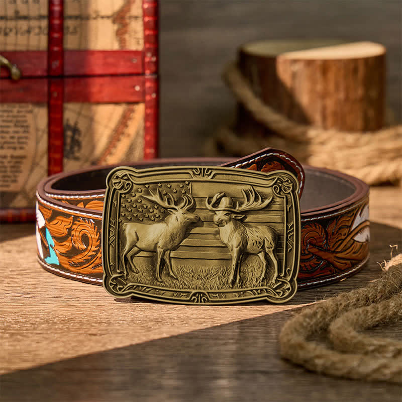 Ceinture en cuir à boucle western personnalisée avec motif patriotique et animal sauvage : deux élans en duel. - Bronze - Ceinture de plumes brunes - 40 - image 15