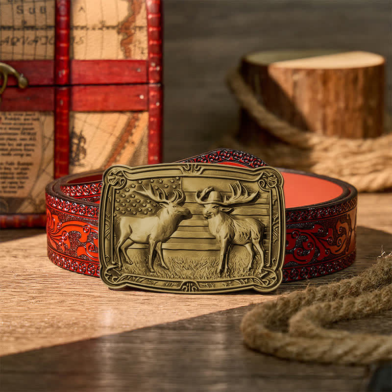 Ceinture en cuir à boucle western personnalisée avec motif patriotique et animal sauvage : deux élans en duel. - Bronze - Ceinture sculptée marron - 42 - image 14