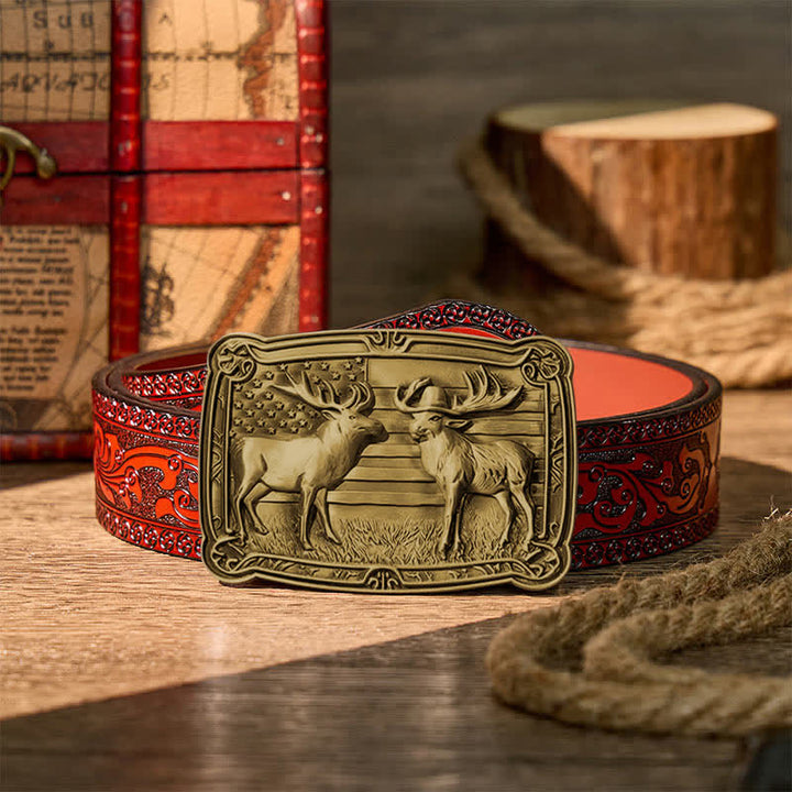 Ceinture en cuir à boucle western personnalisée avec motif patriotique et animal sauvage : deux élans en duel. - Bronze - Ceinture sculptée marron - 42 - image 14