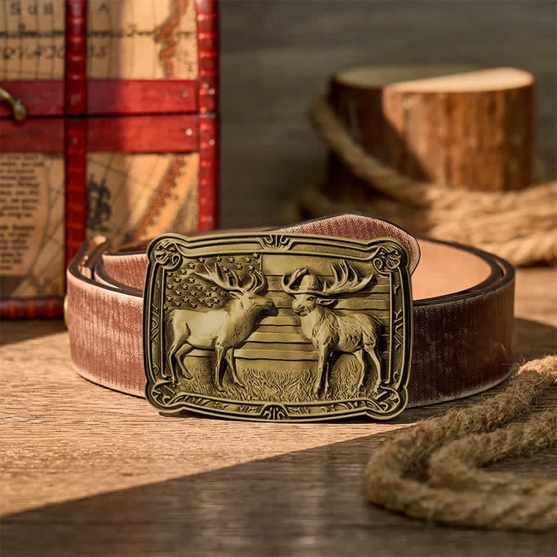 Ceinture en cuir à boucle western personnalisée avec motif patriotique et animal sauvage : deux élans en duel. - Bronze - Ceinture marron vieillie - 42 - image 13