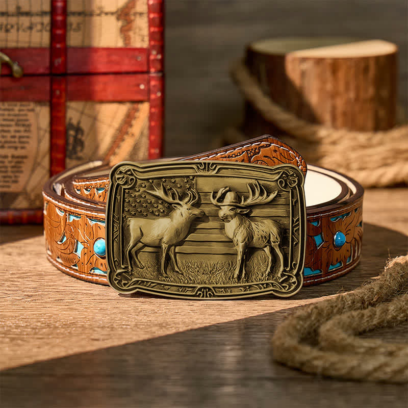 Ceinture en cuir à boucle western personnalisée avec motif patriotique et animal sauvage : deux élans en duel. - Bronze - Ceinture turquoise sculptée - 42 - image 11