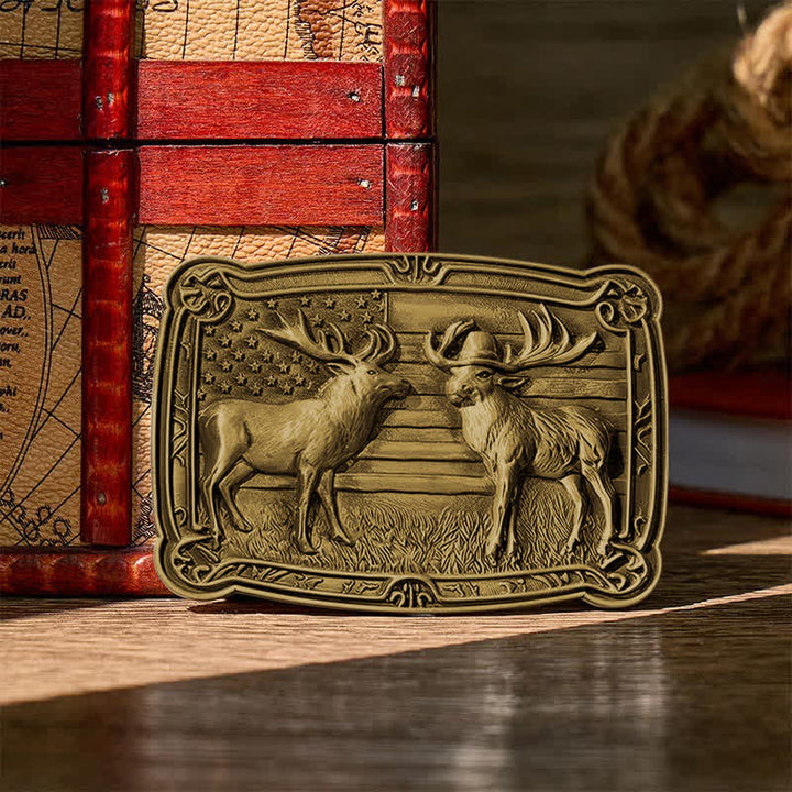 Ceinture en cuir à boucle western personnalisée avec motif patriotique et animal sauvage : deux élans en duel. - Bronze - Sans ceinture - Ceinture non incluse - image 9