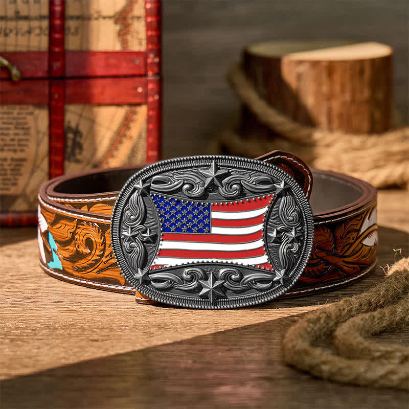 Ceinture en cuir à boucle personnalisée avec drapeau américain émaillé patriotique - Argent - Ceinture de plumes brunes - 40 - image 15