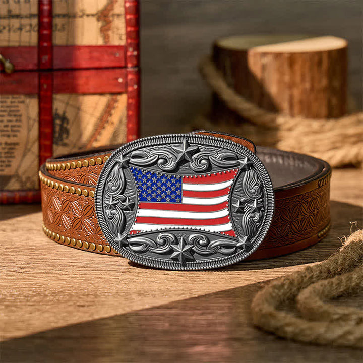 Ceinture en cuir à boucle personnalisée avec drapeau américain émaillé patriotique - Argent - Ceinture à rivets marron - 42 - image 12