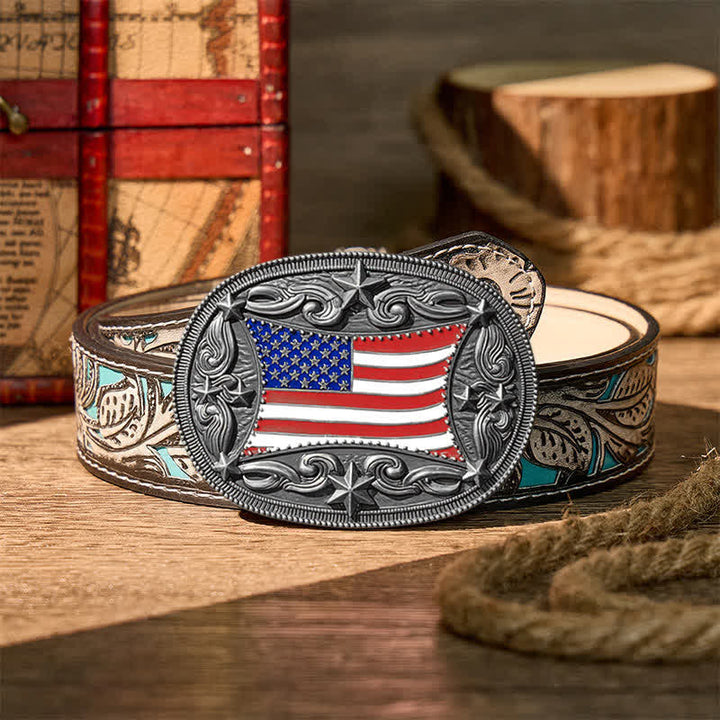 Ceinture en cuir à boucle personnalisée avec drapeau américain émaillé patriotique - Argent - Ceinture à fleurs grises - 42 - image 16