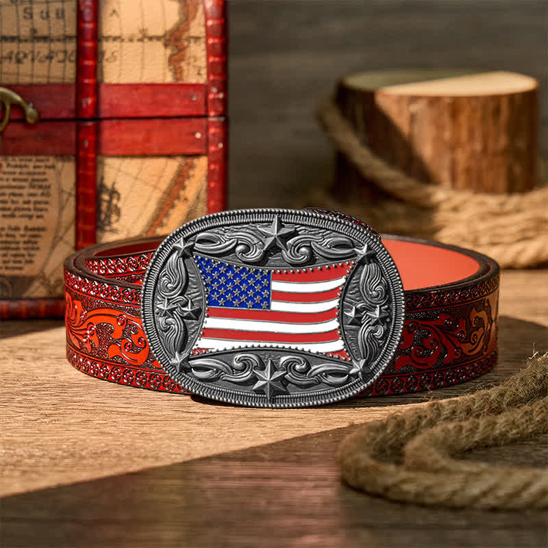 Ceinture en cuir à boucle personnalisée avec drapeau américain émaillé patriotique - Argent - Ceinture sculptée marron - 42 - image 14