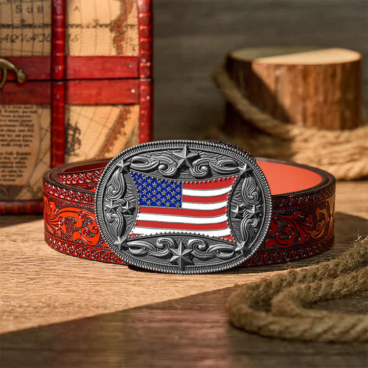 Ceinture en cuir à boucle personnalisée avec drapeau américain émaillé patriotique - Argent - Ceinture sculptée marron - 42 - image 14