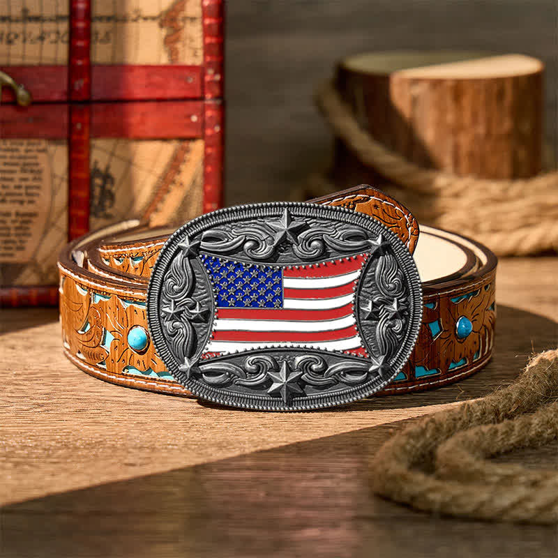 Ceinture en cuir à boucle personnalisée avec drapeau américain émaillé patriotique - Argent - Ceinture turquoise sculptée - 42 - image 11
