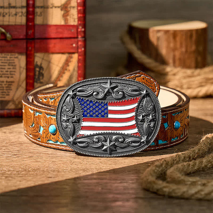 Ceinture en cuir à boucle personnalisée avec drapeau américain émaillé patriotique - Argent - Ceinture turquoise sculptée - 42 - image 11