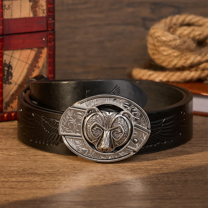 Ceinture en cuir avec boucle de couteau pliant dissimulée à la main, motif tête d'ours gardien argenté tribal - Ours - Ceinture noire à motif aigle en relief - 42 - image 3