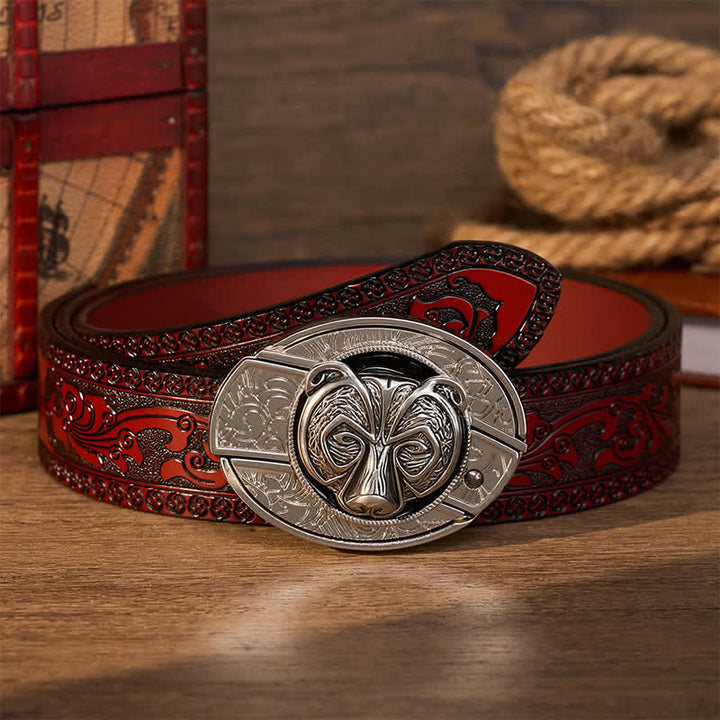 Ceinture en cuir avec boucle de couteau pliant dissimulée à la main, motif tête d'ours gardien argenté tribal - Ours - Ceinture sculptée marron - 42 - image 6
