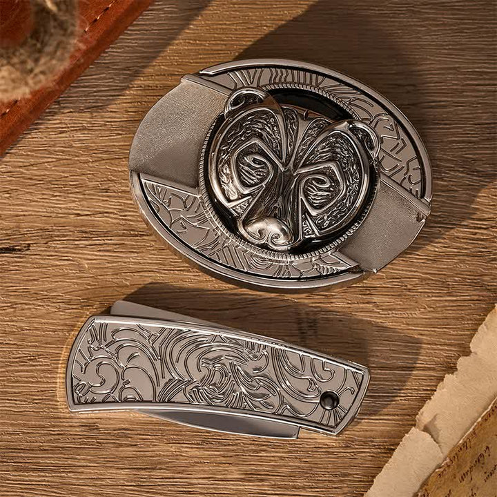 Ceinture en cuir avec boucle de couteau pliant dissimulée à la main, motif tête d'ours gardien argenté tribal - image 2