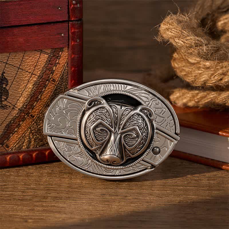 Ceinture en cuir avec boucle de couteau pliant dissimulée à la main, motif tête d'ours gardien argenté tribal - Ours - Sans ceinture - Ceinture non incluse - image 0