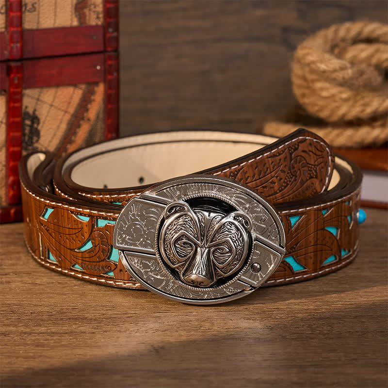 Ceinture en cuir avec boucle de couteau pliant dissimulée à la main, motif tête d'ours gardien argenté tribal - Ours - Ceinture turquoise sculptée - 42 - image 4