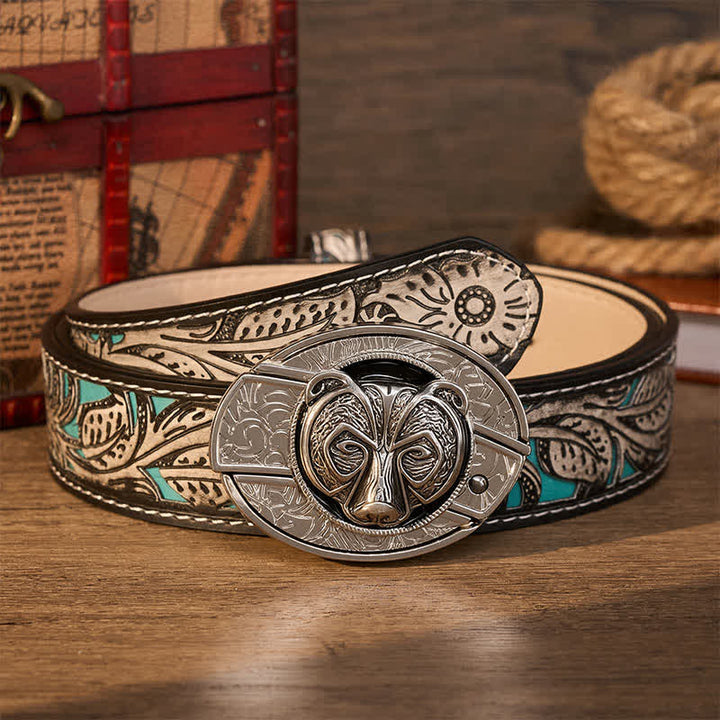 Ceinture en cuir avec boucle de couteau pliant dissimulée à la main, motif tête d'ours gardien argenté tribal - Ours - Ceinture à fleurs grises - 42 - image 9