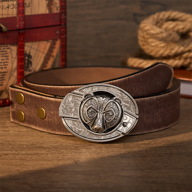 Ceinture en cuir avec boucle de couteau pliant dissimulée à la main, motif tête d'ours gardien argenté tribal - Ours - Ceinture marron vieillie - 42 - image 7