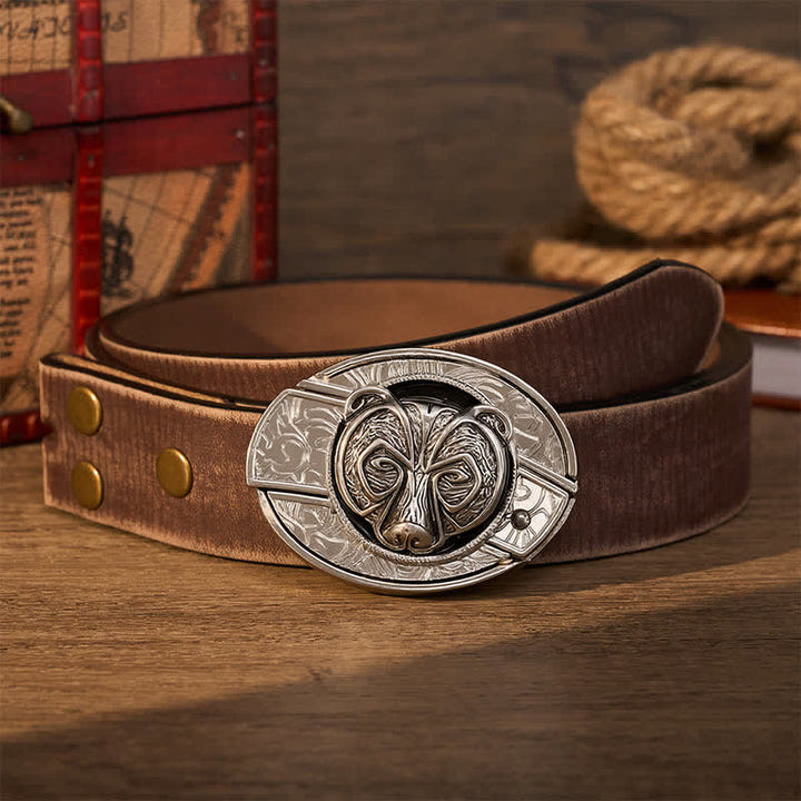 Ceinture en cuir avec boucle de couteau pliant dissimulée à la main, motif tête d'ours gardien argenté tribal - Ours - Ceinture marron vieillie - 42 - image 7
