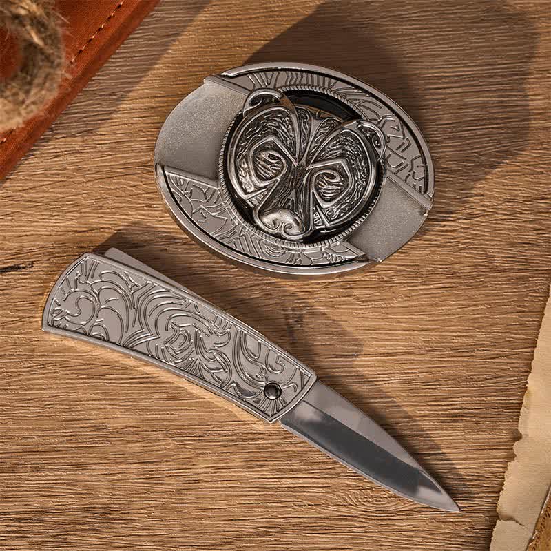 Ceinture en cuir avec boucle de couteau pliant dissimulée à la main, motif tête d'ours gardien argenté tribal - image 1