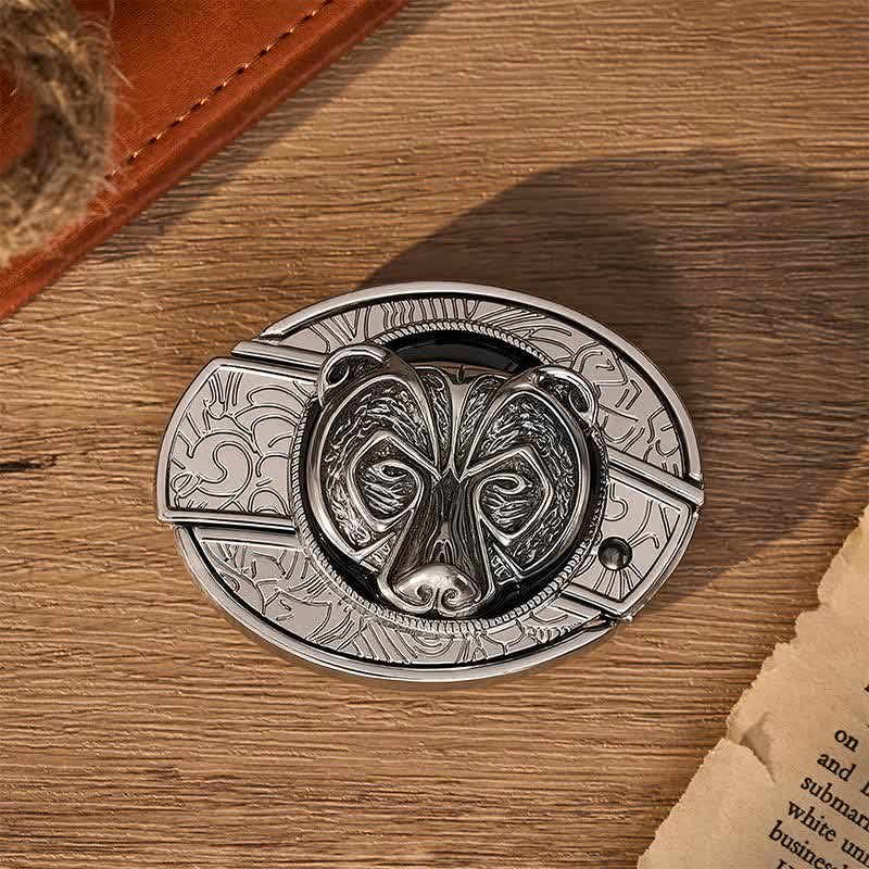 Ceinture en cuir avec boucle de couteau pliant dissimulée à la main, motif tête d'ours gardien argenté tribal - image 10