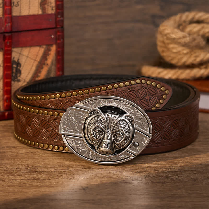Ceinture en cuir avec boucle de couteau pliant dissimulée à la main, motif tête d'ours gardien argenté tribal - Ours - Ceinture à rivets marron - 42 - image 5